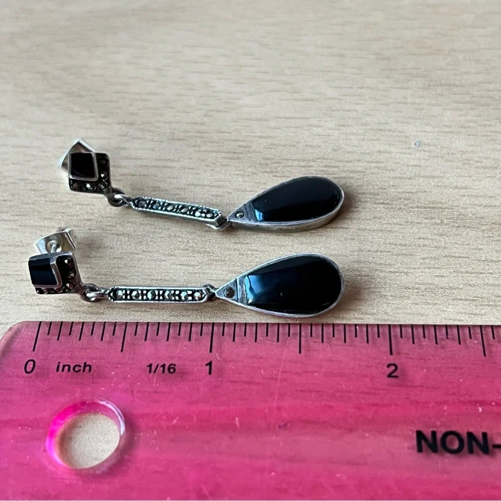 VINTAGE BLACK ONYX & MARCASITES DANGLE DROP STERLING EARRINGS